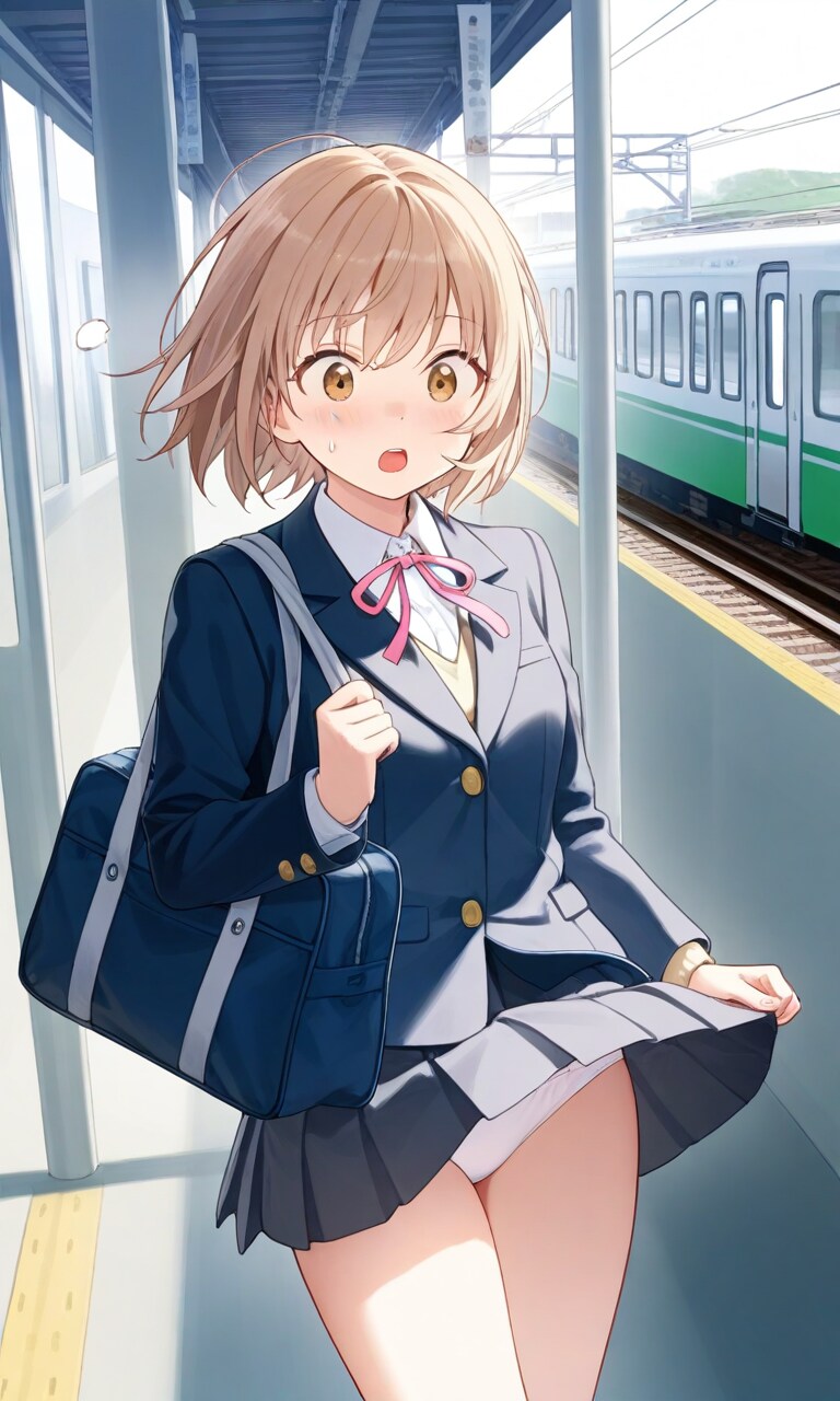 駅の女子高生が通過列車の風圧でスカートが...