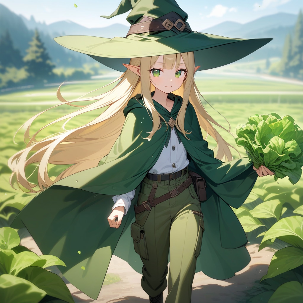 レタスの収穫を手伝いに来たエルフ魔女