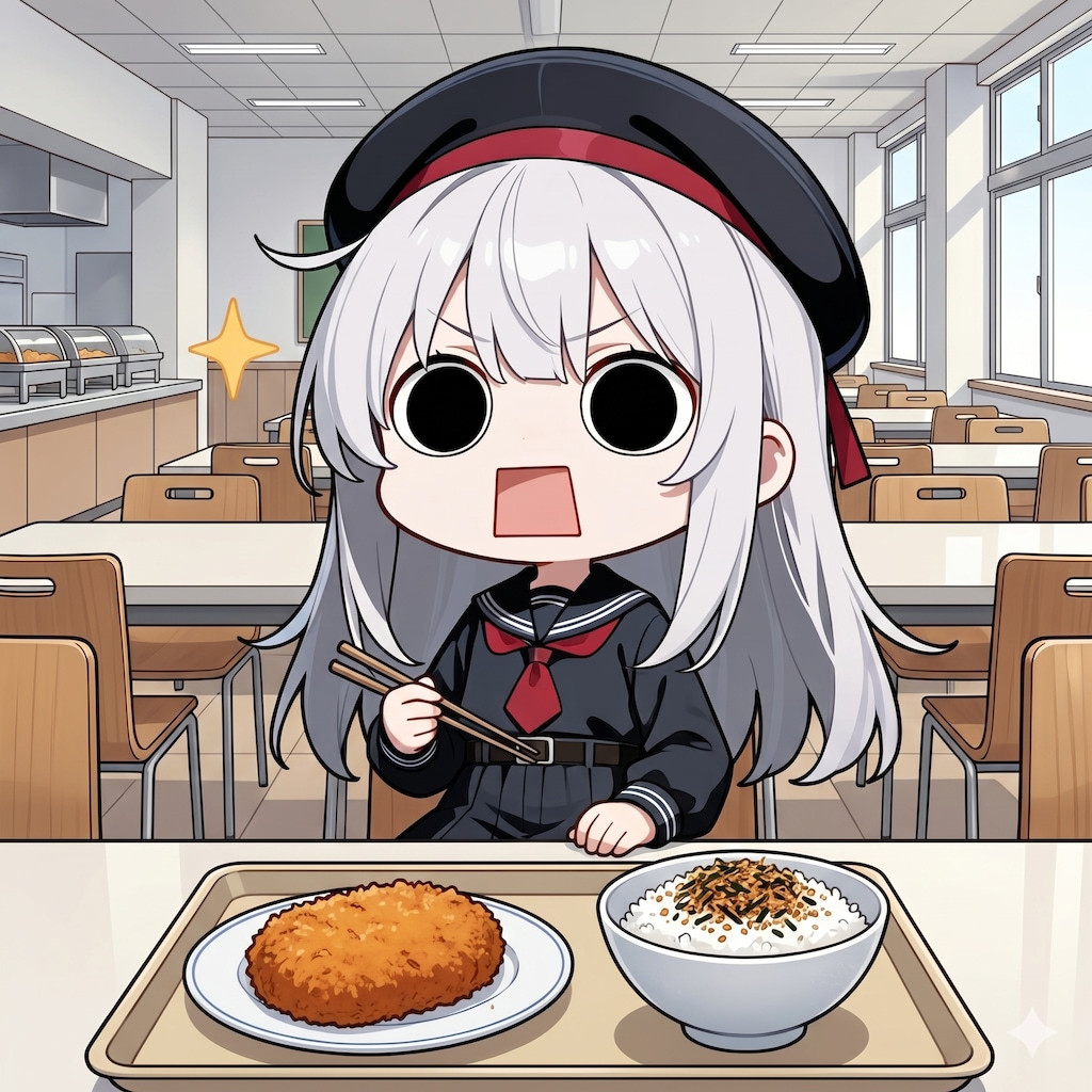 コロッケとふりかけをかけた米飯を頂くえらいこっちゃ嬢