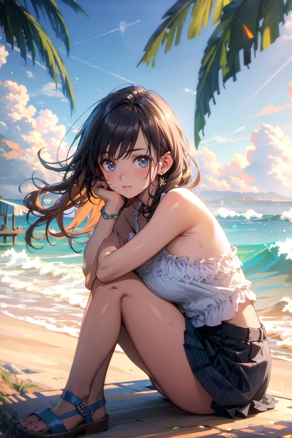 波打ち際に座る女の子