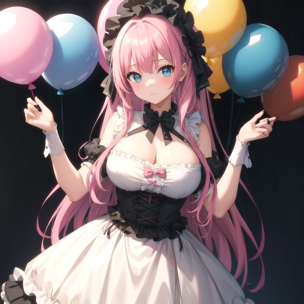 いっぱい色とりどりの風船を持つピンク髪ロングのゴスロリ衣装着た美少女