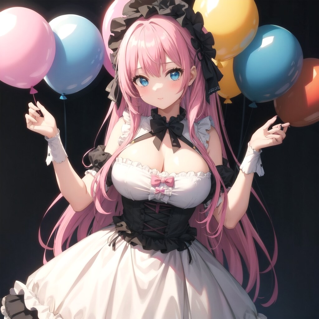 いっぱい色とりどりの風船を持つピンク髪ロングのゴスロリ衣装着た美少女