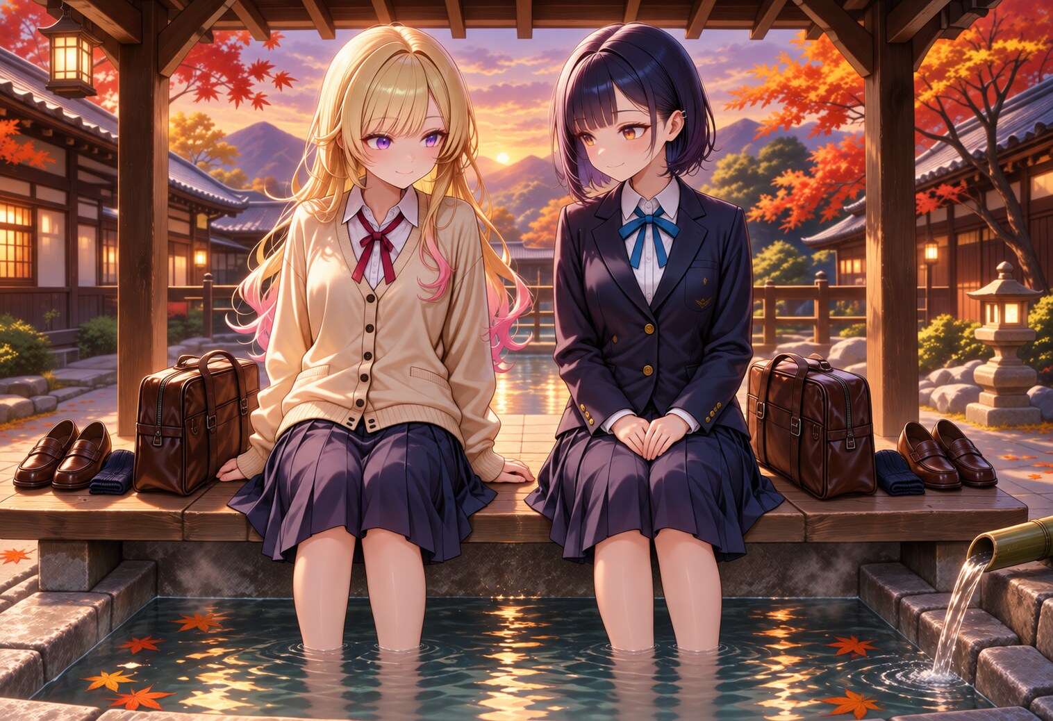 夕焼けと足湯 | の人気AIイラスト・グラビア