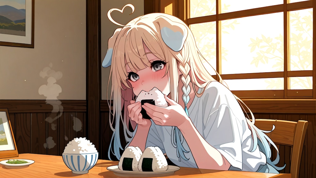 ご飯をおかずにおにぎりを食べるっ