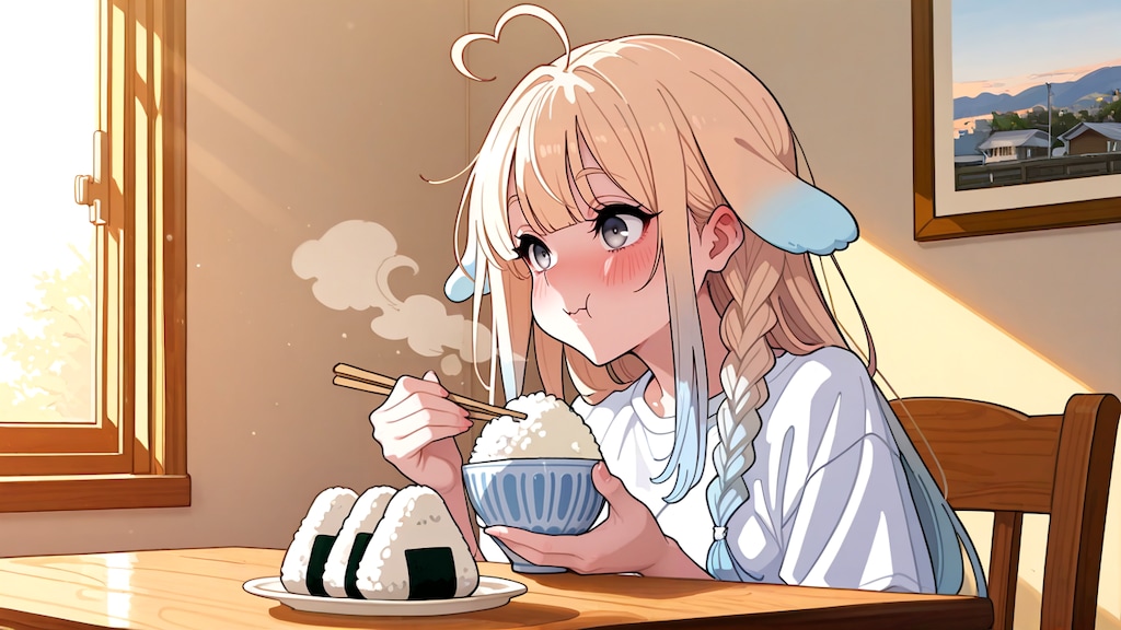 ご飯をおかずにおにぎりを食べるっ