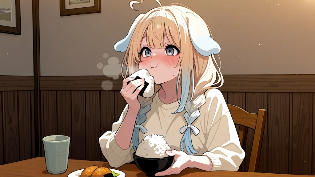 ご飯をおかずにおにぎりを食べるっ