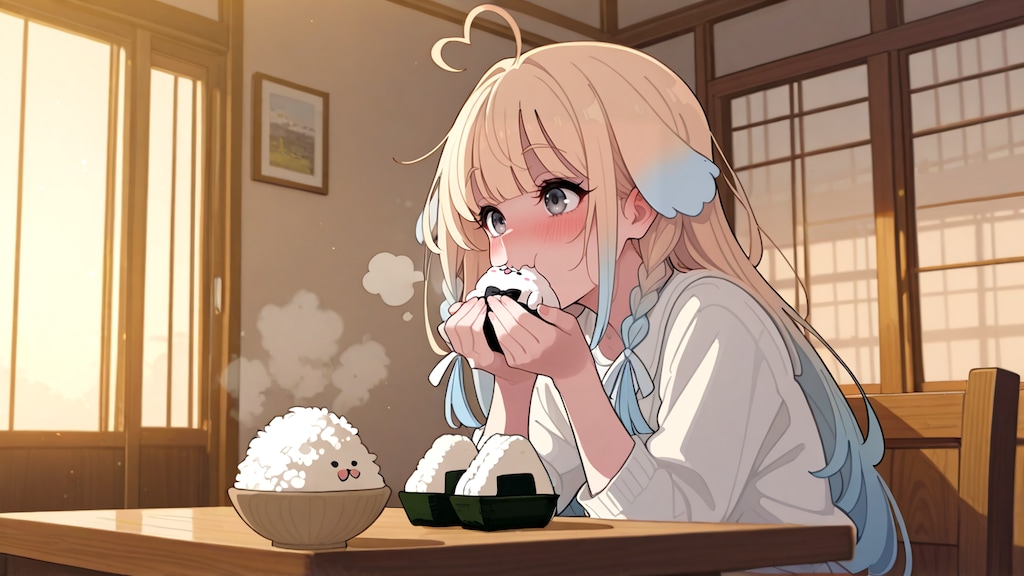 ご飯をおかずにおにぎりを食べるっ