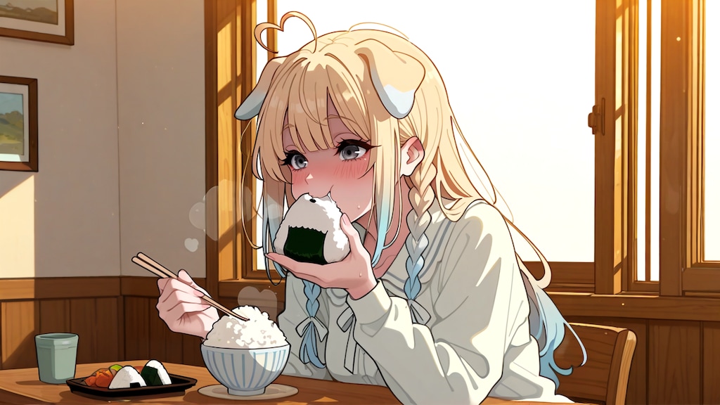 ご飯をおかずにおにぎりを食べるっ