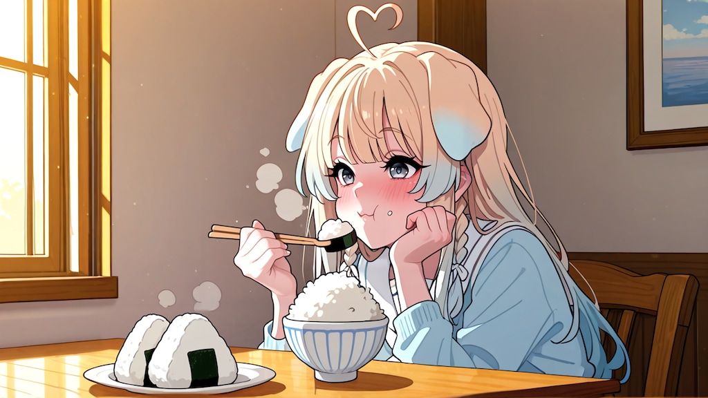 ご飯をおかずにおにぎりを食べるっ