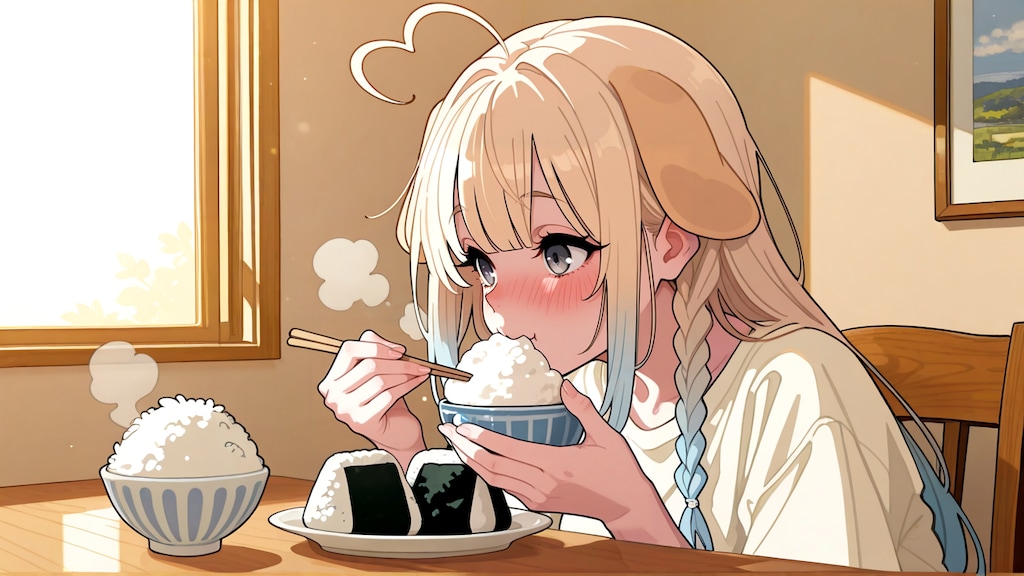 ご飯をおかずにおにぎりを食べるっ