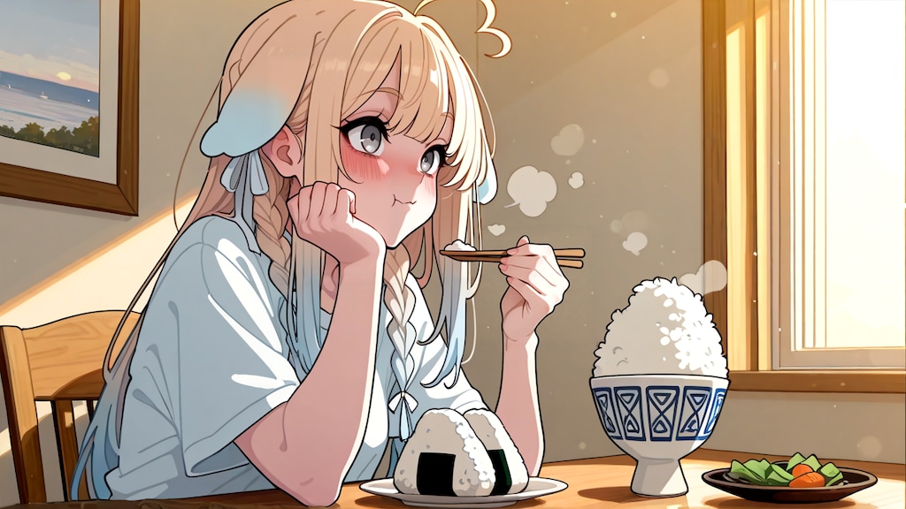 ご飯をおかずにおにぎりを食べるっ