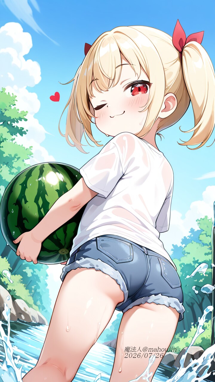 夏の川辺でスイカを抱く笑顔