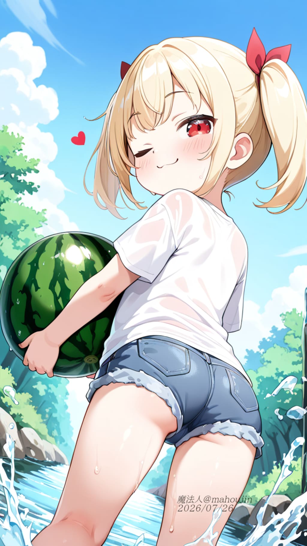 夏の川辺でスイカを抱く笑顔