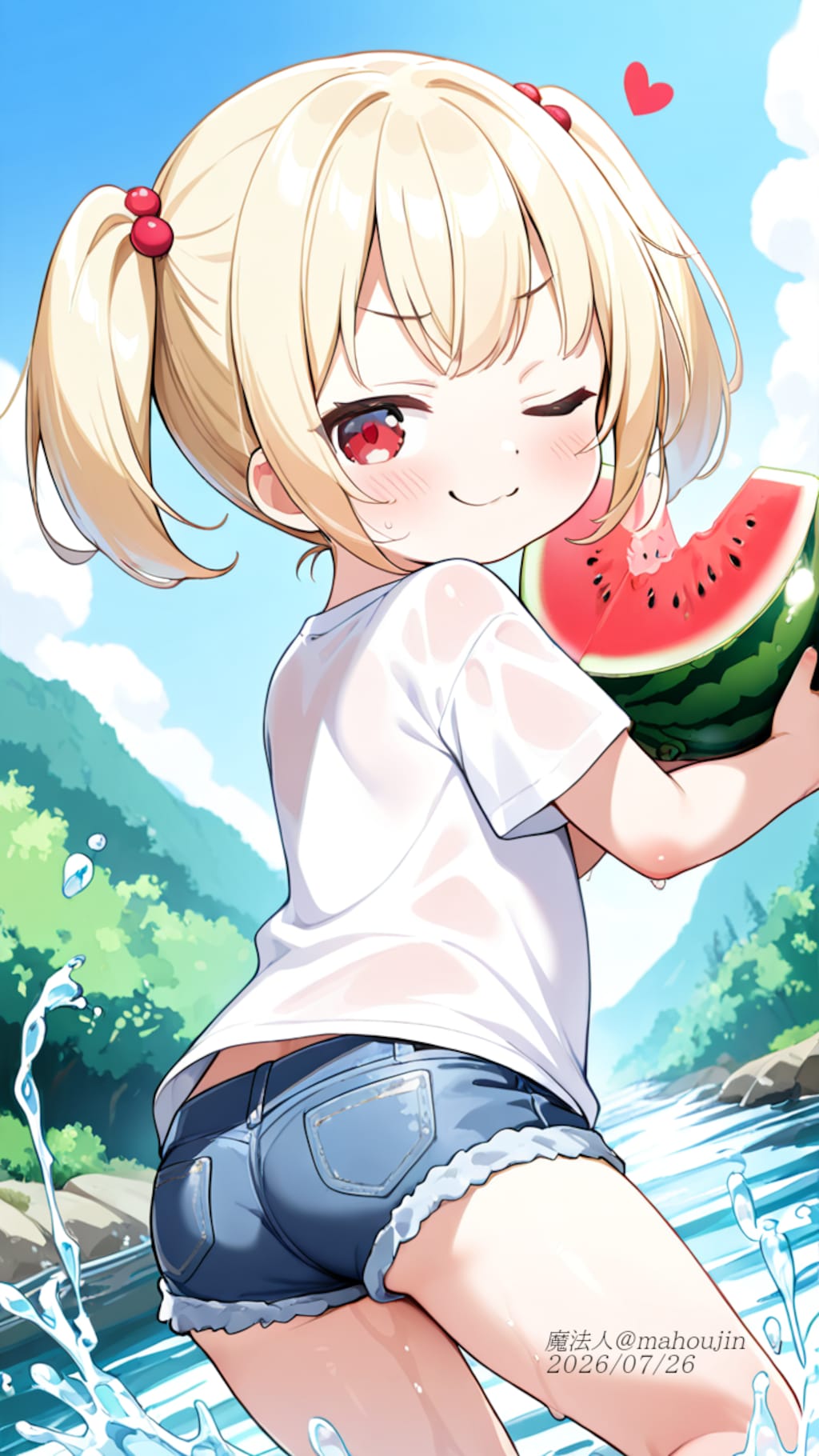 夏の川辺でスイカを抱く笑顔