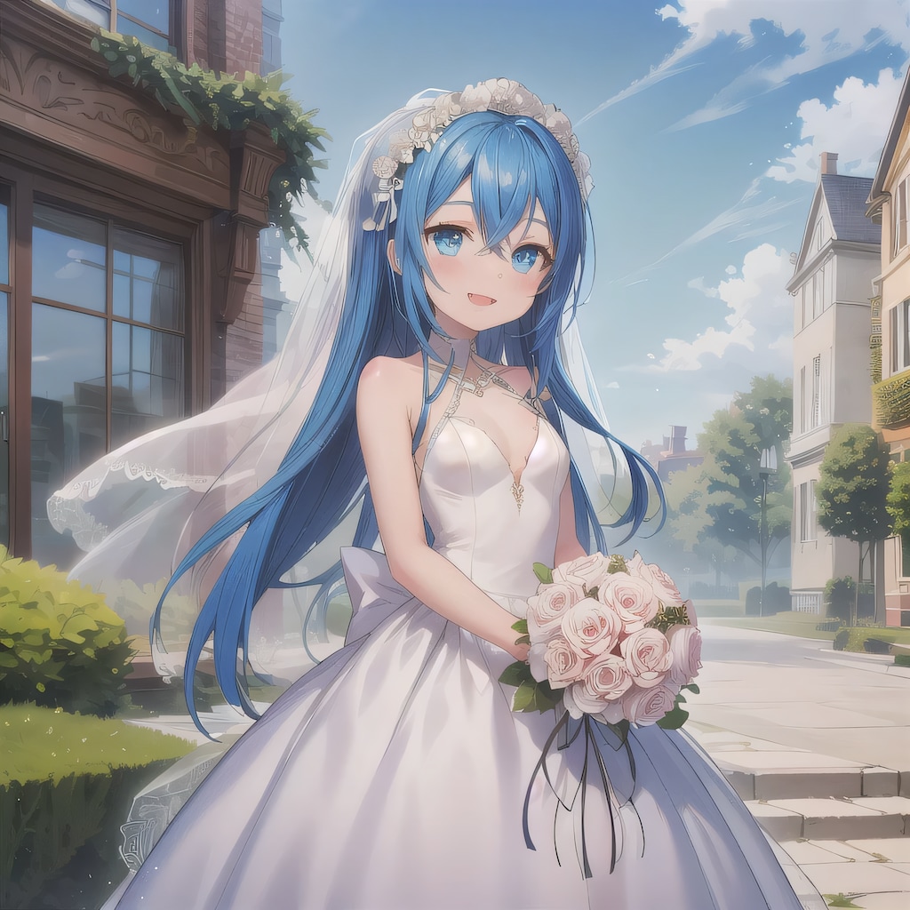 青髪ロングでウェディングドレスの少女