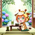 縁側で和菓子を楽しむキリン着ぐるみちび子ちゃん 2枚目