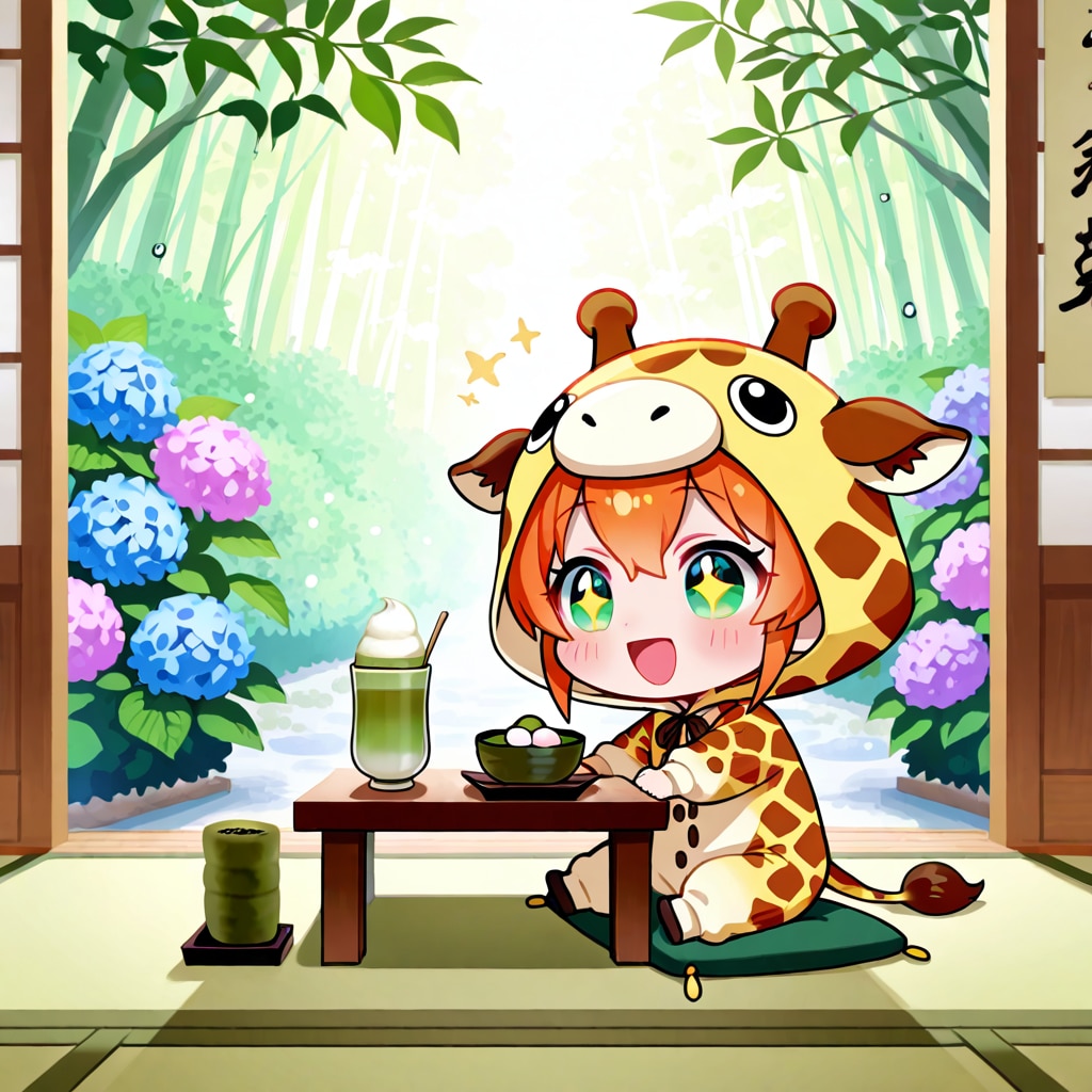 縁側で和菓子を楽しむキリン着ぐるみちび子ちゃん