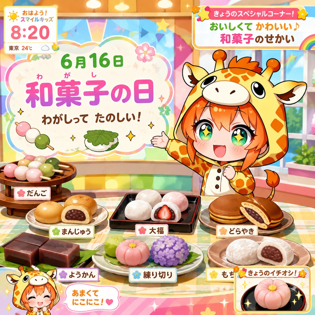 縁側で和菓子を楽しむキリン着ぐるみちび子ちゃん
