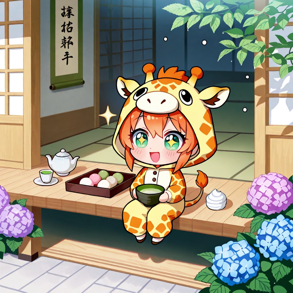 縁側で和菓子を楽しむキリン着ぐるみちび子ちゃん