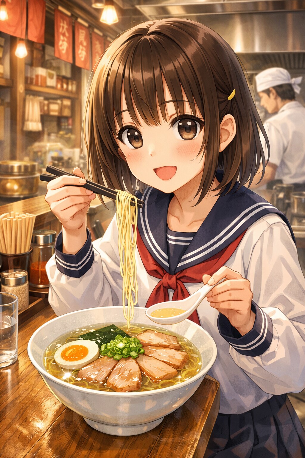 クリア豚骨ラーメンを食べている女の子 | の人気AIイラスト・グラビア