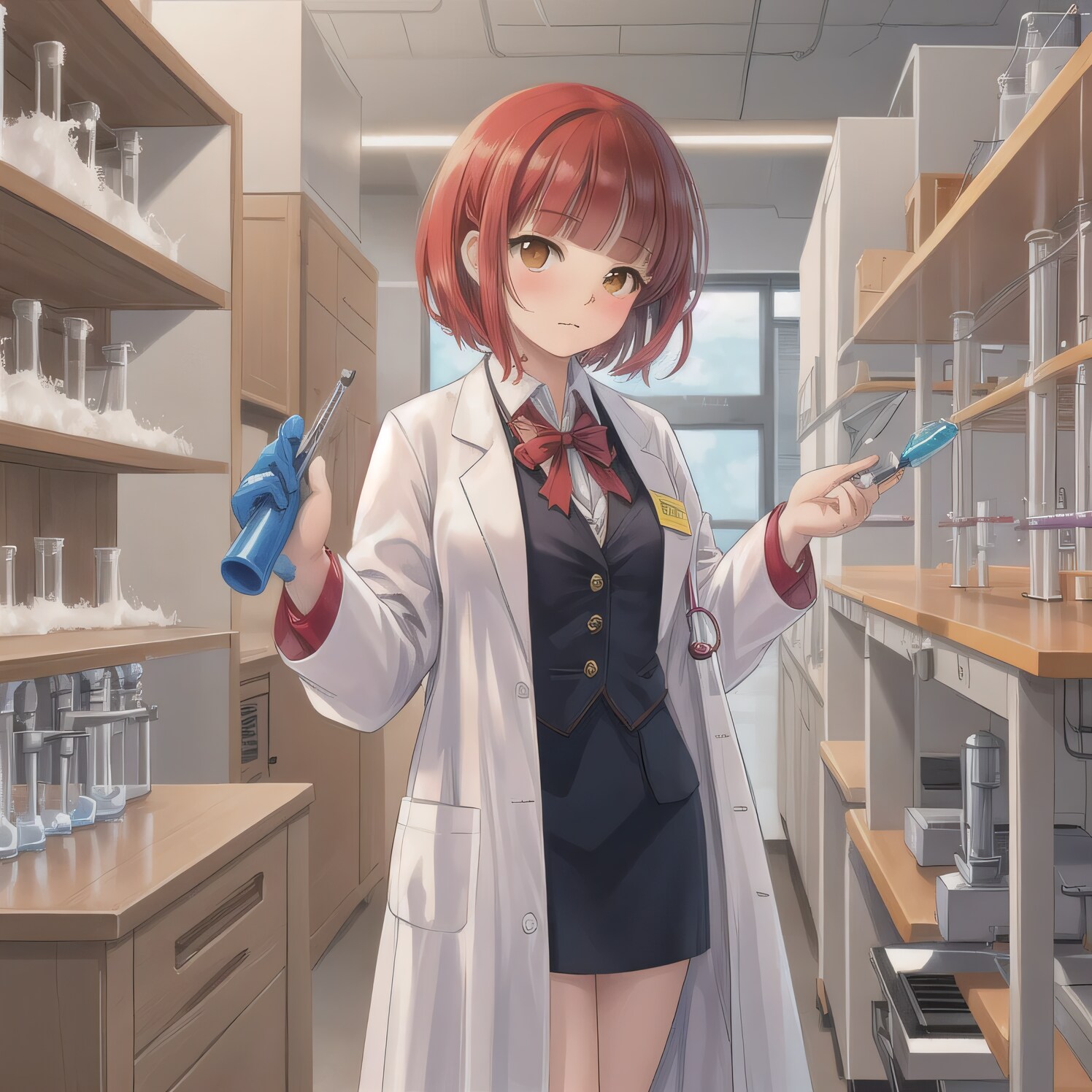 赤髪ボブで白衣の少女