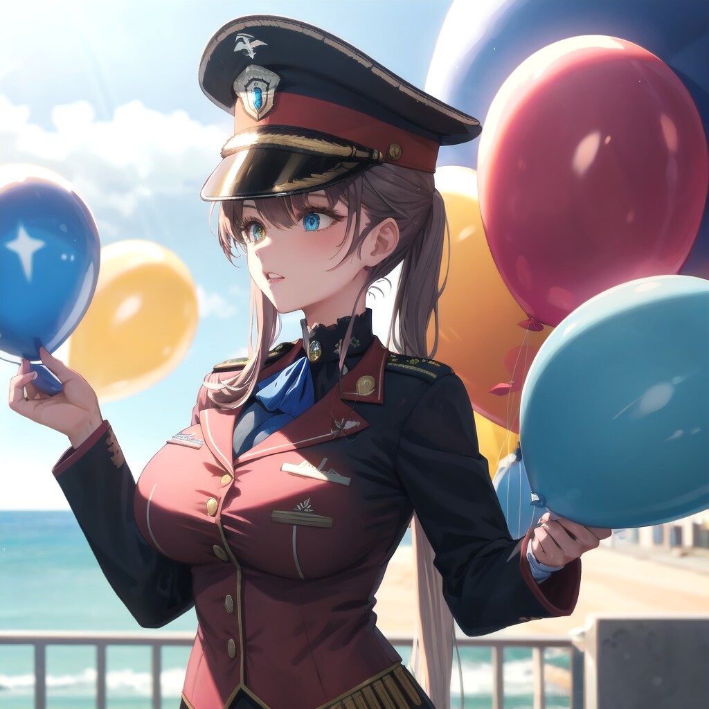 港街でいっぱい風船を膨らませて遊ぶマリンさん