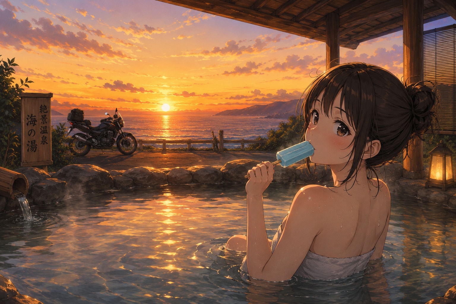 夕日とバイクと露天風呂