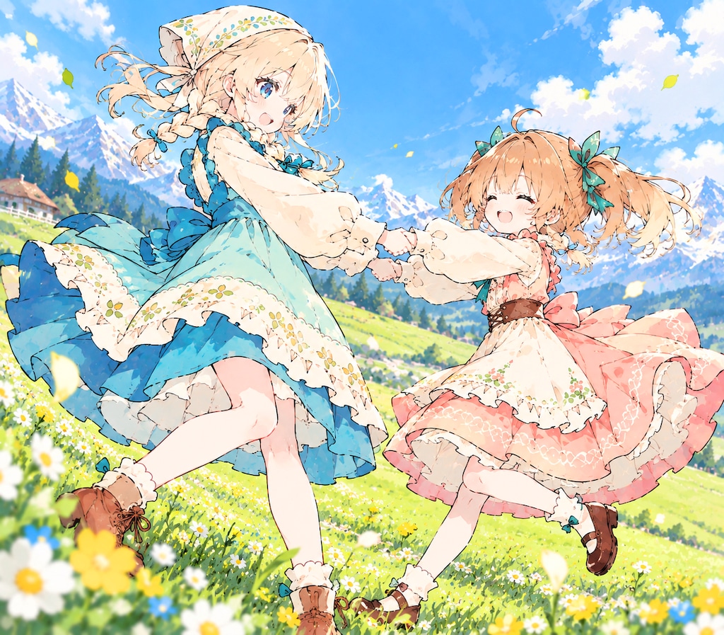 高原の姉妹の少女