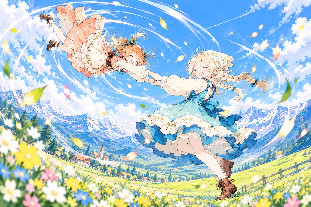 高原の姉妹の少女