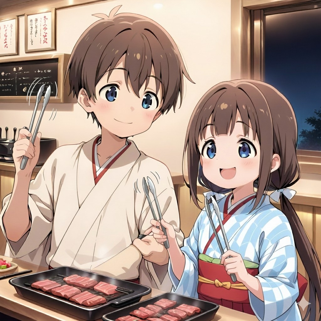 焼肉を食べる仲良し兄妹