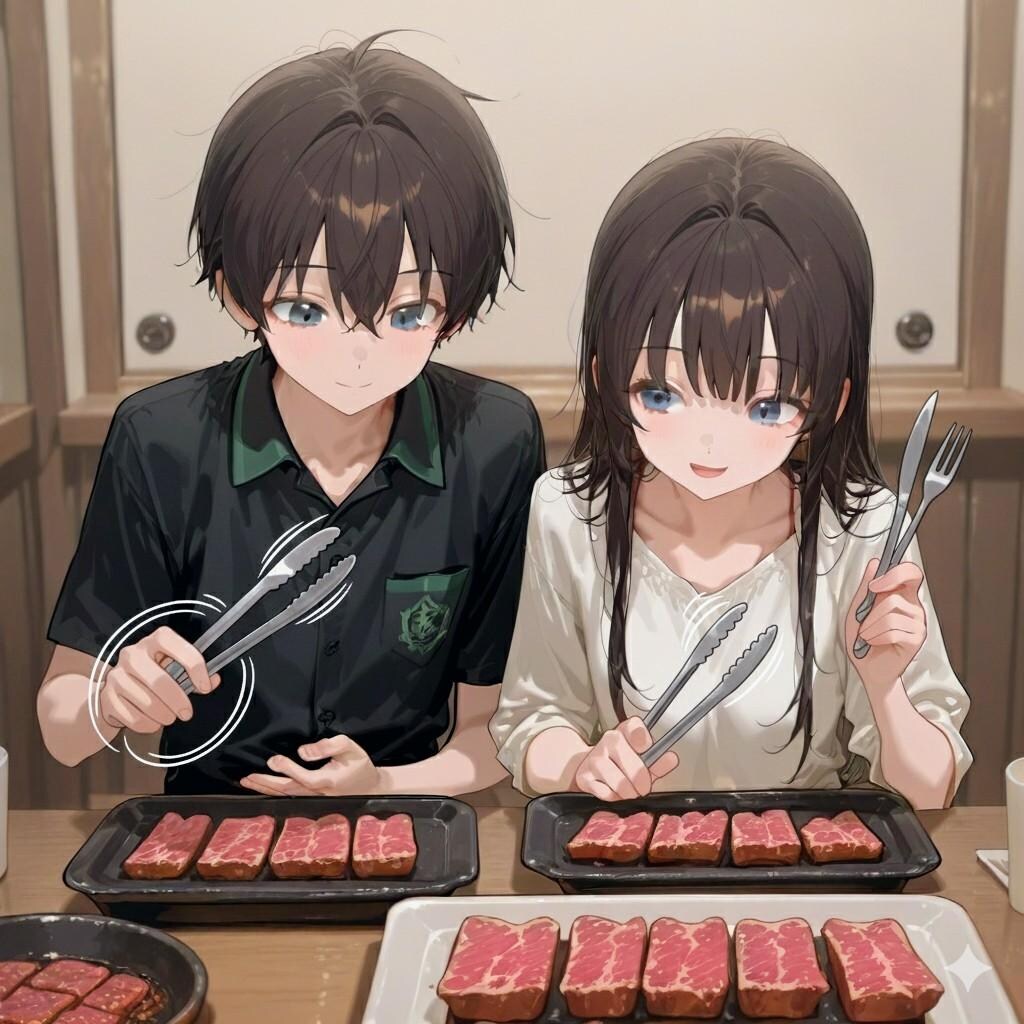 焼肉を食べる仲良し兄妹