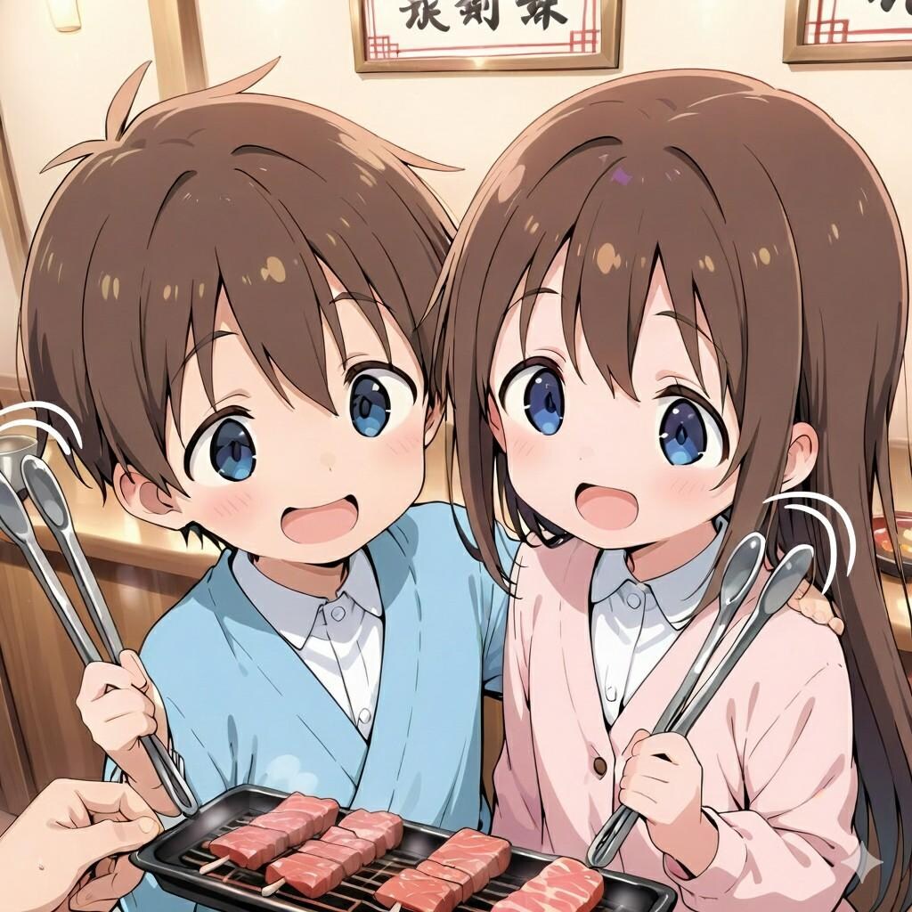 焼肉を食べる仲良し兄妹