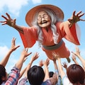 【謎画像・1300投稿記念】1300歳になったお祝いで胴上げされるおばあさん 3枚目
