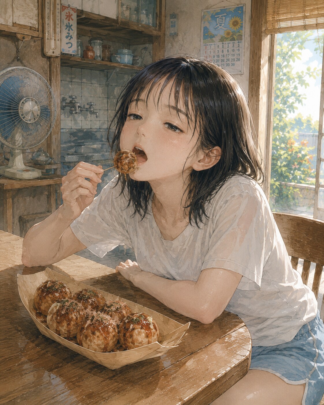 どんだけ暑うても、たこ焼きは食べるんや。