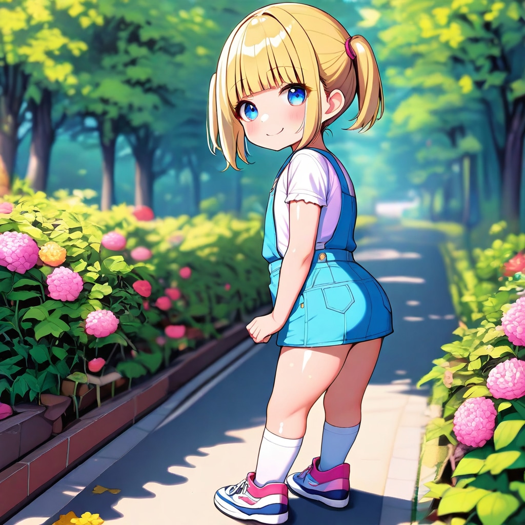 花が咲く小道を歩く