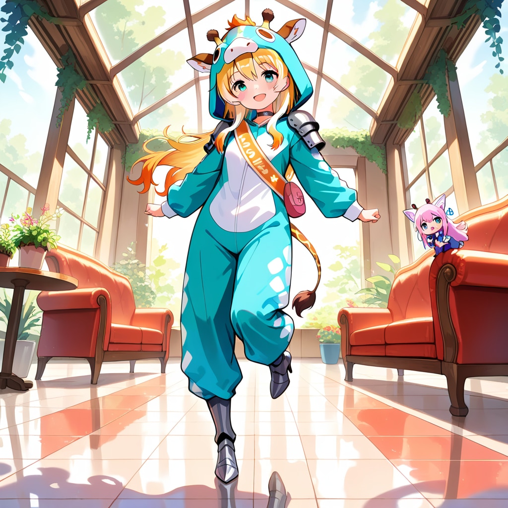 観葉植物が飾られた建物の中を歩くキリン着ぐるみちび子ちゃん