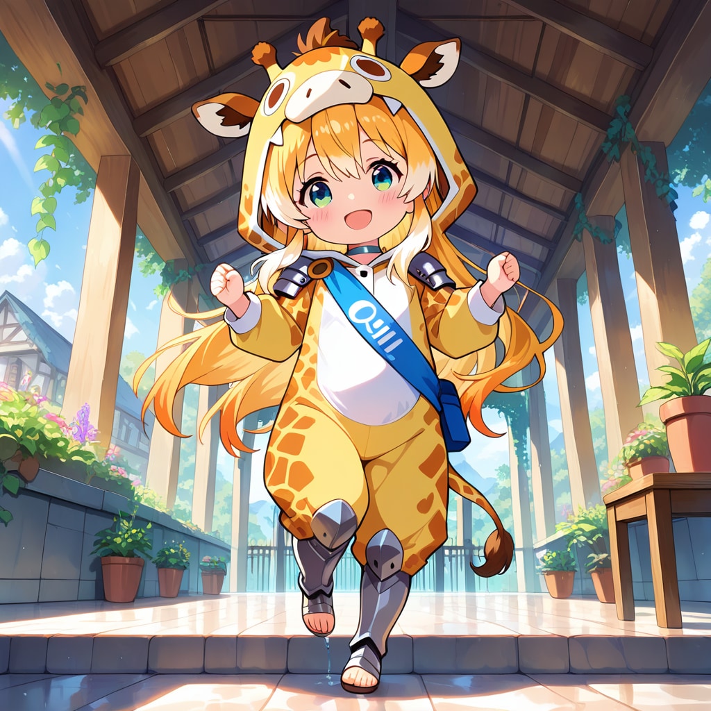 観葉植物が飾られた建物の中を歩くキリン着ぐるみちび子ちゃん | の人気AIイラスト・グラビア