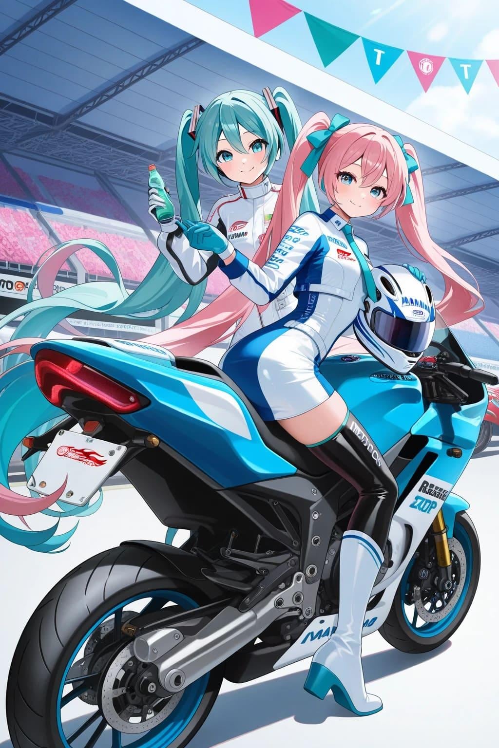 レーシングスーツ初音ミクとレーシングバイク