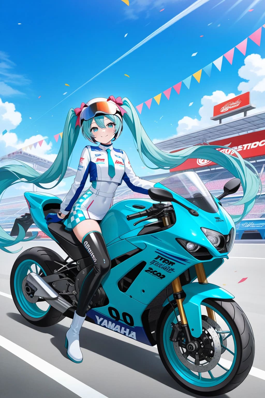 レーシングスーツ初音ミクとレーシングバイク | の人気AIイラスト・グラビア