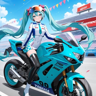 レーシングスーツ初音ミクとレーシングバイク