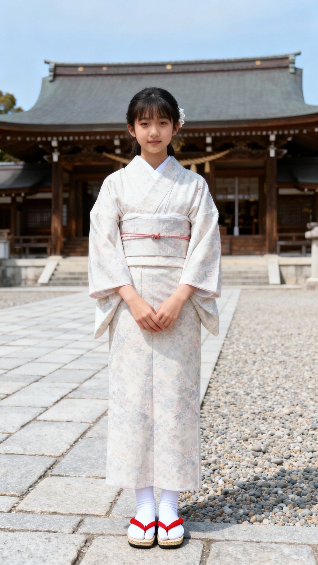 巫女じゃ無くなった　砂利敷の静寂な境内に佇む清純な日本の凛とした巫女、白い足袋と赤い鼻緒の草鞋を履いている、美しい巫女の全身写真