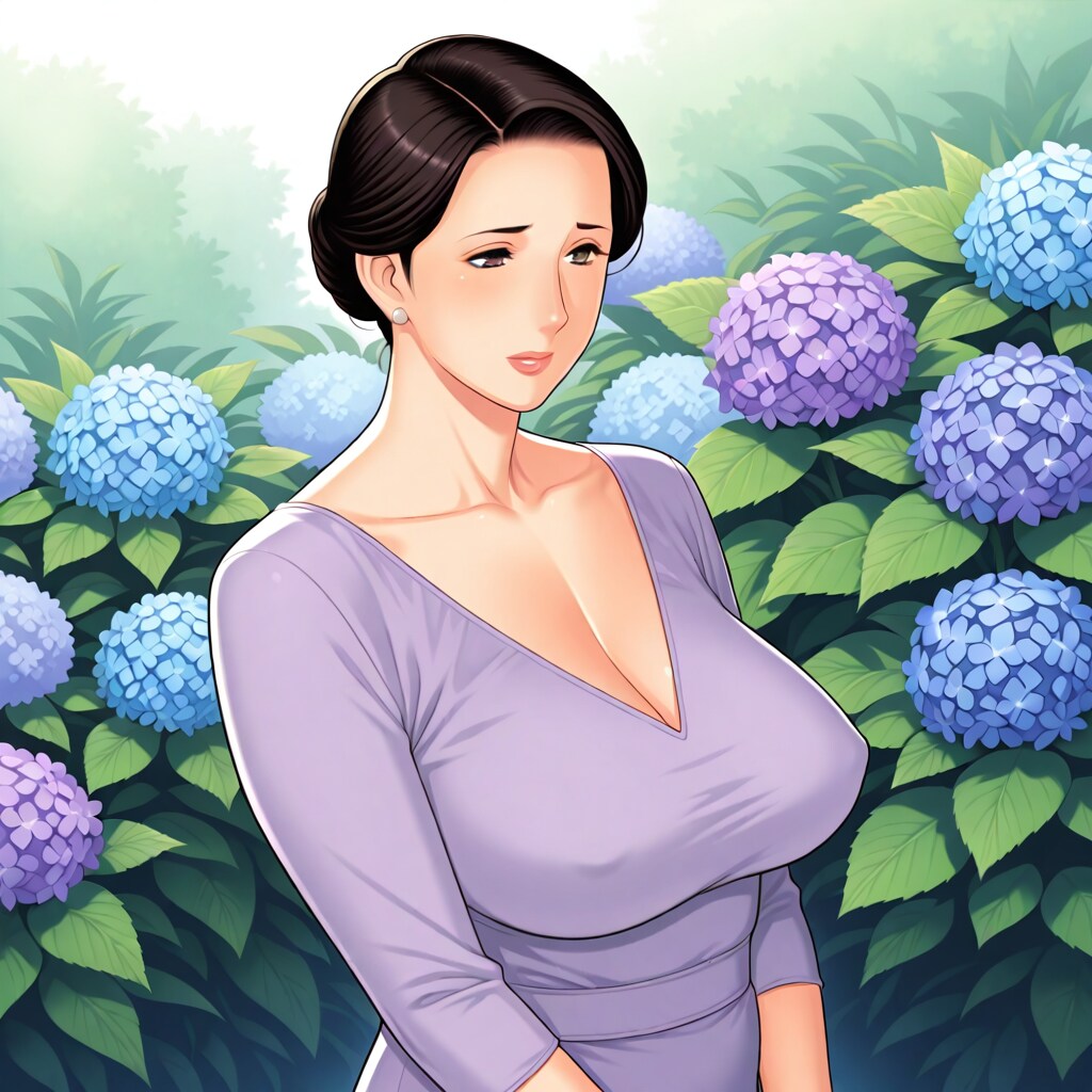 紫陽花と婦人