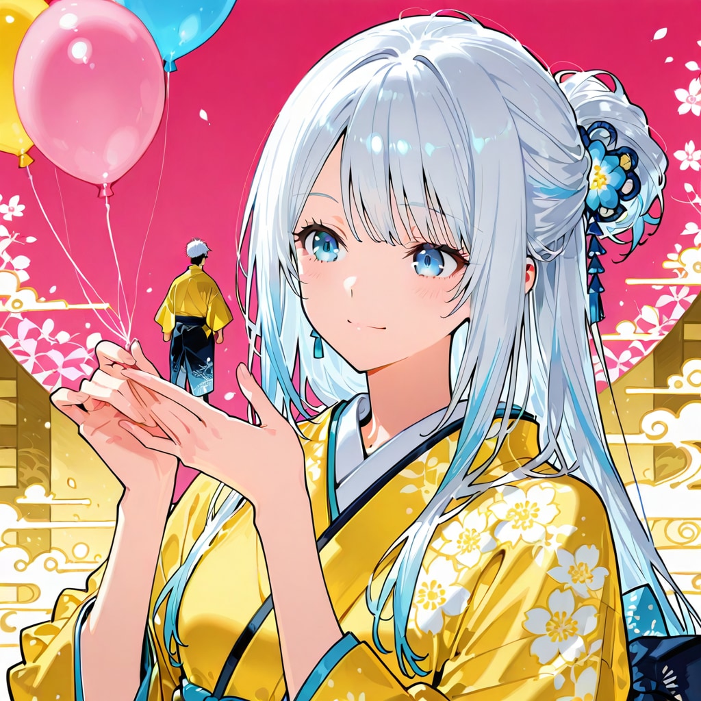 いっぱい色とりどりの風船を持つ白い髪ロングの黄色の着物着た美女 | の人気AIイラスト・グラビア