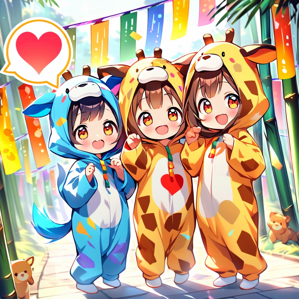 七夕とキリン着ぐるみちび子ちゃん