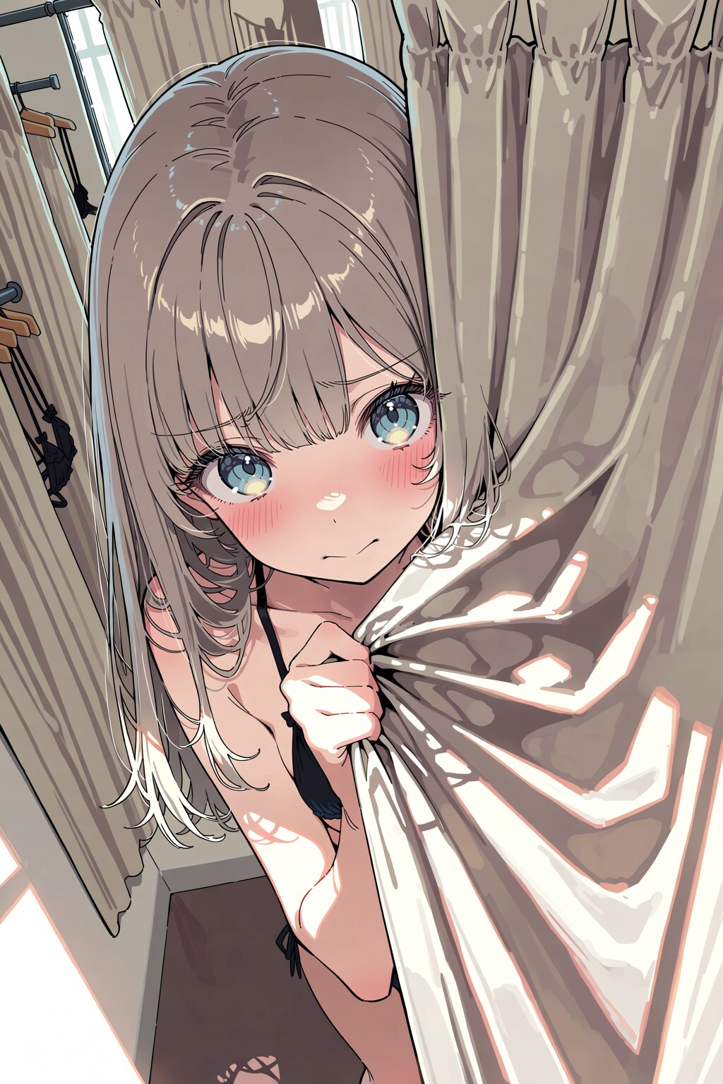 カーテンで隠すビキニ姿