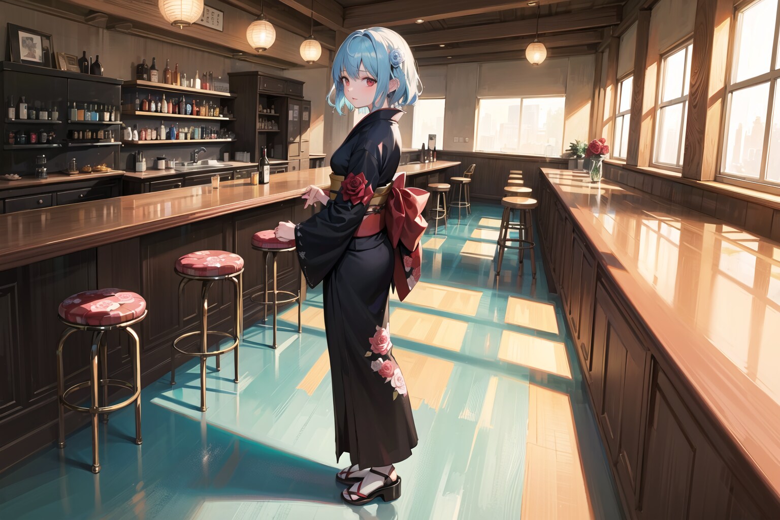 バーで働く着物少女