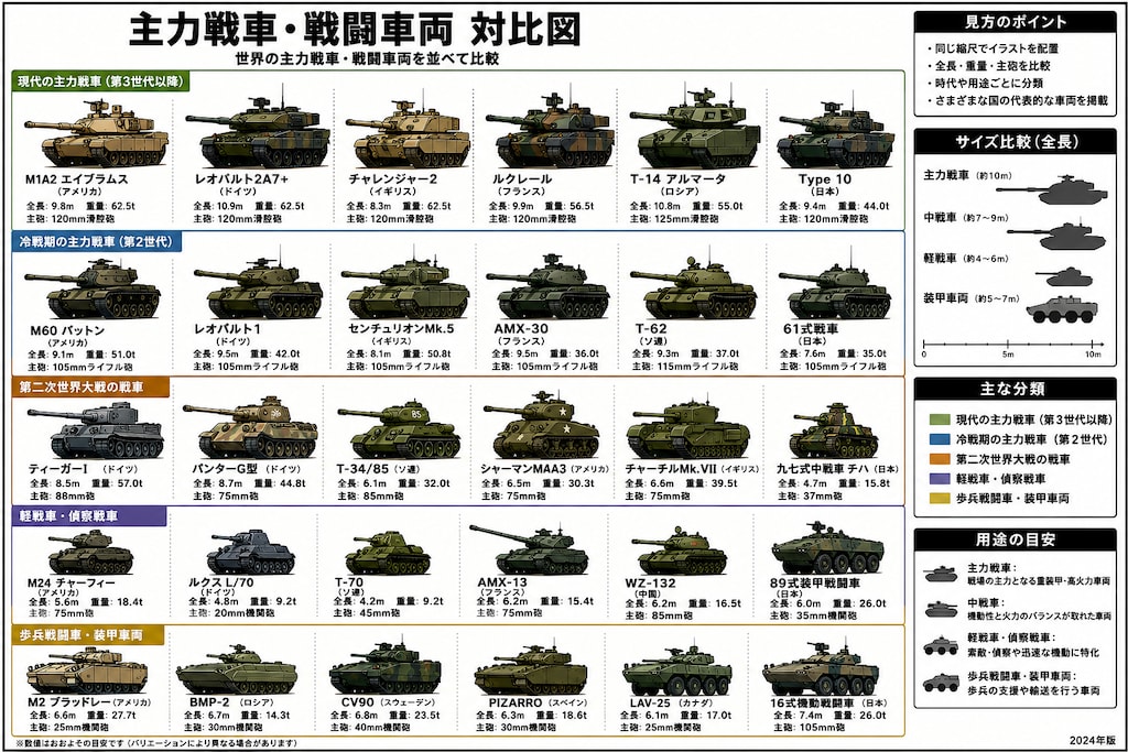 戦闘車両、戦車　対比図の一例と、
