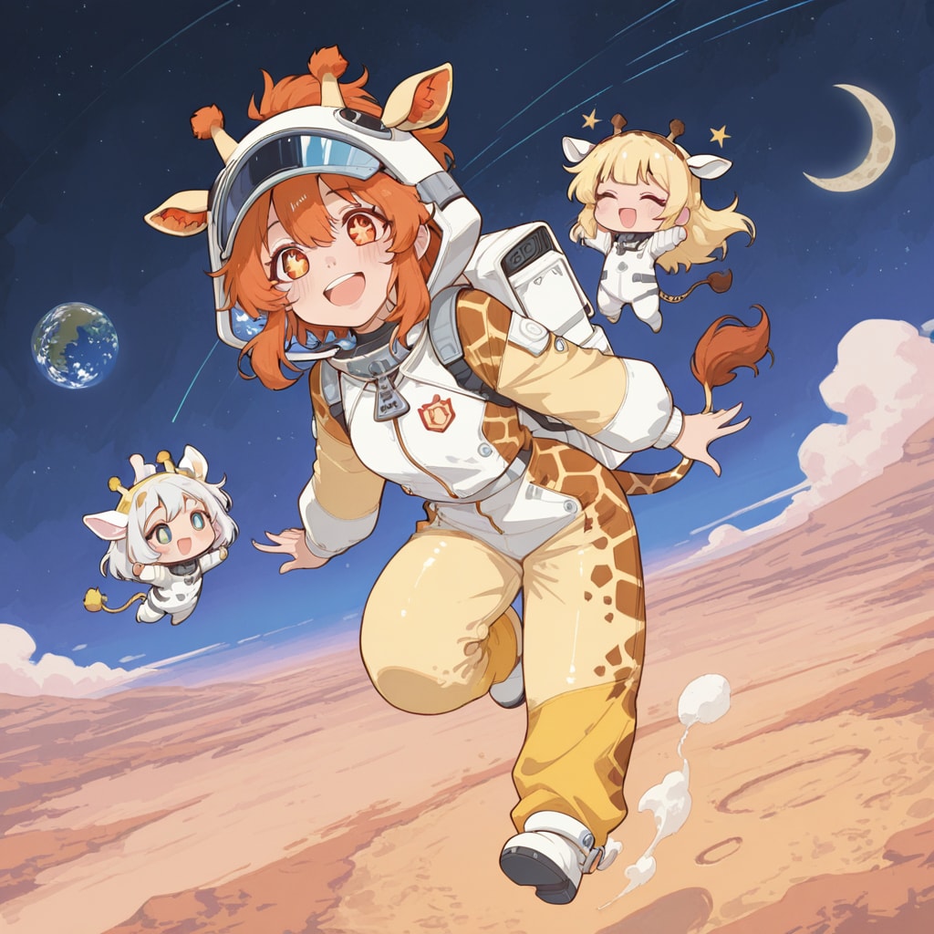 未知の惑星に足を踏み入れたキリン着ぐるみちび子ちゃん