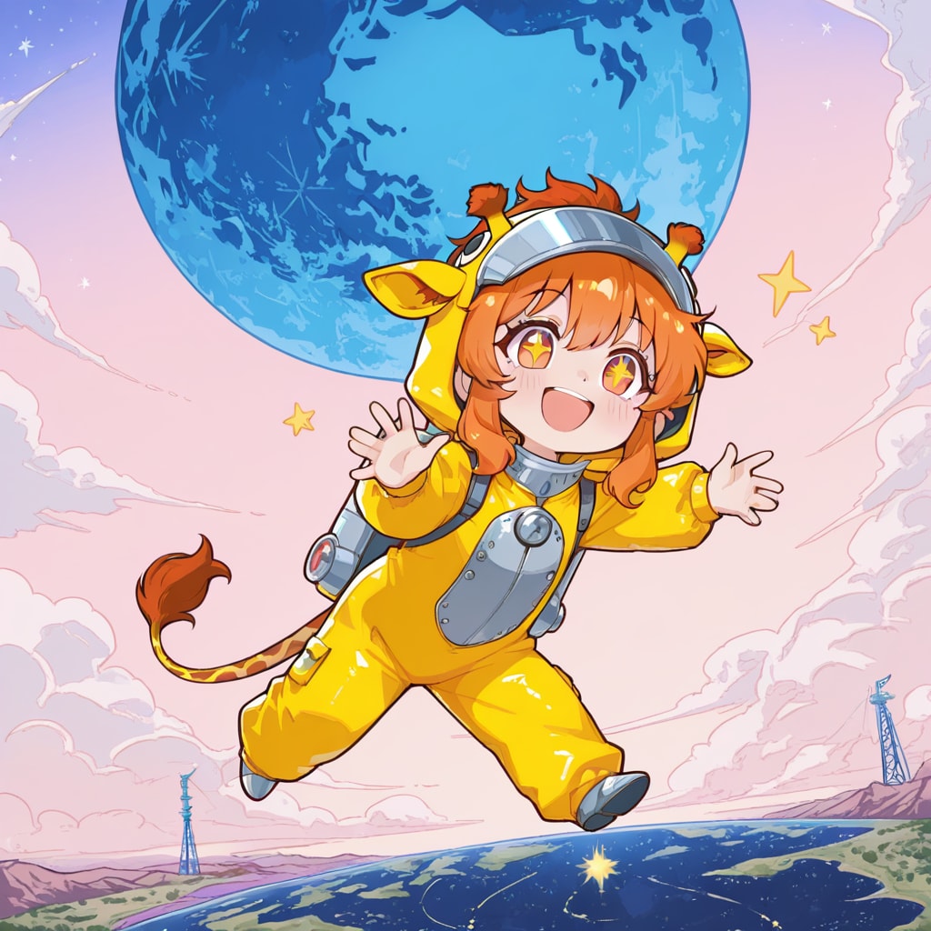 未知の惑星に足を踏み入れたキリン着ぐるみちび子ちゃん