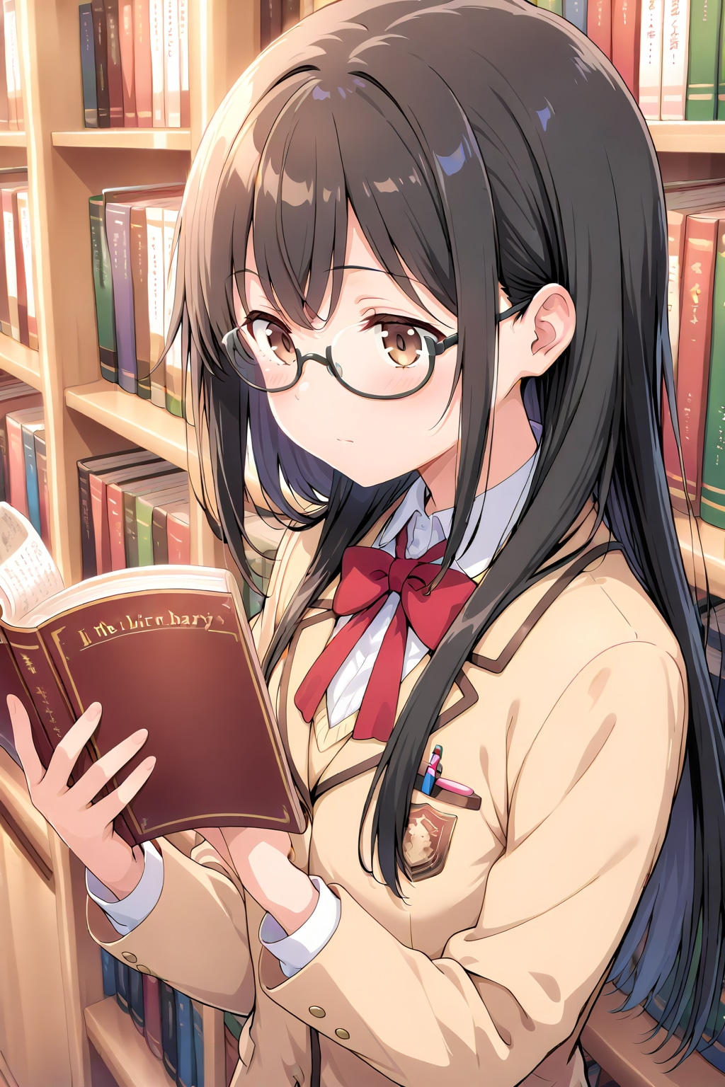 図書室で本を読む女の子